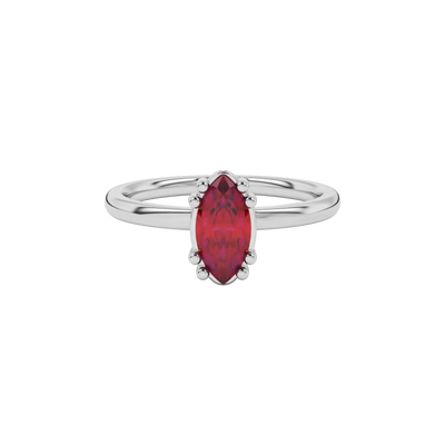Close-up marquise cut raspberry red gemstone ring, white gold vintage basket.