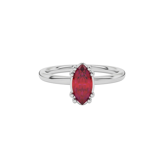 Close-up marquise cut raspberry red gemstone ring, white gold vintage basket.