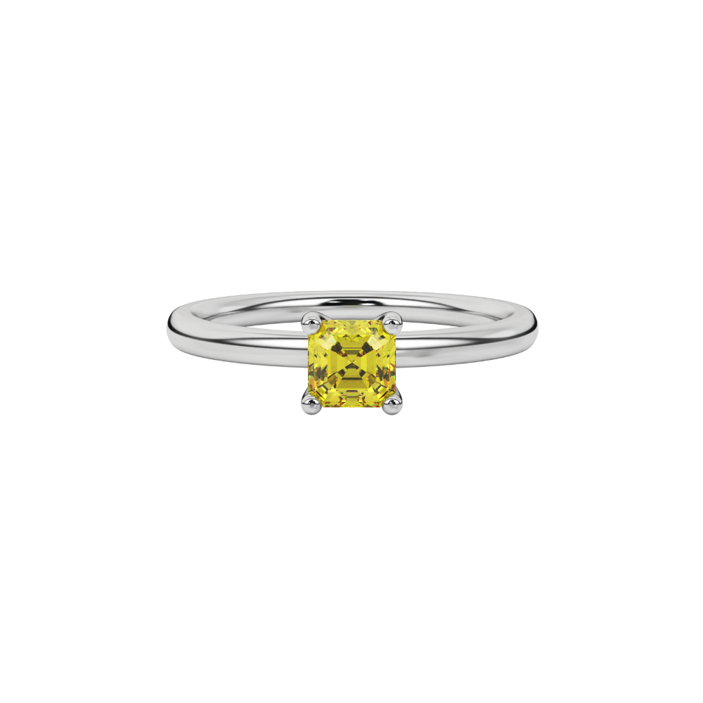 Asscher cut gemstone solitaire ring in gold with four-prong setting