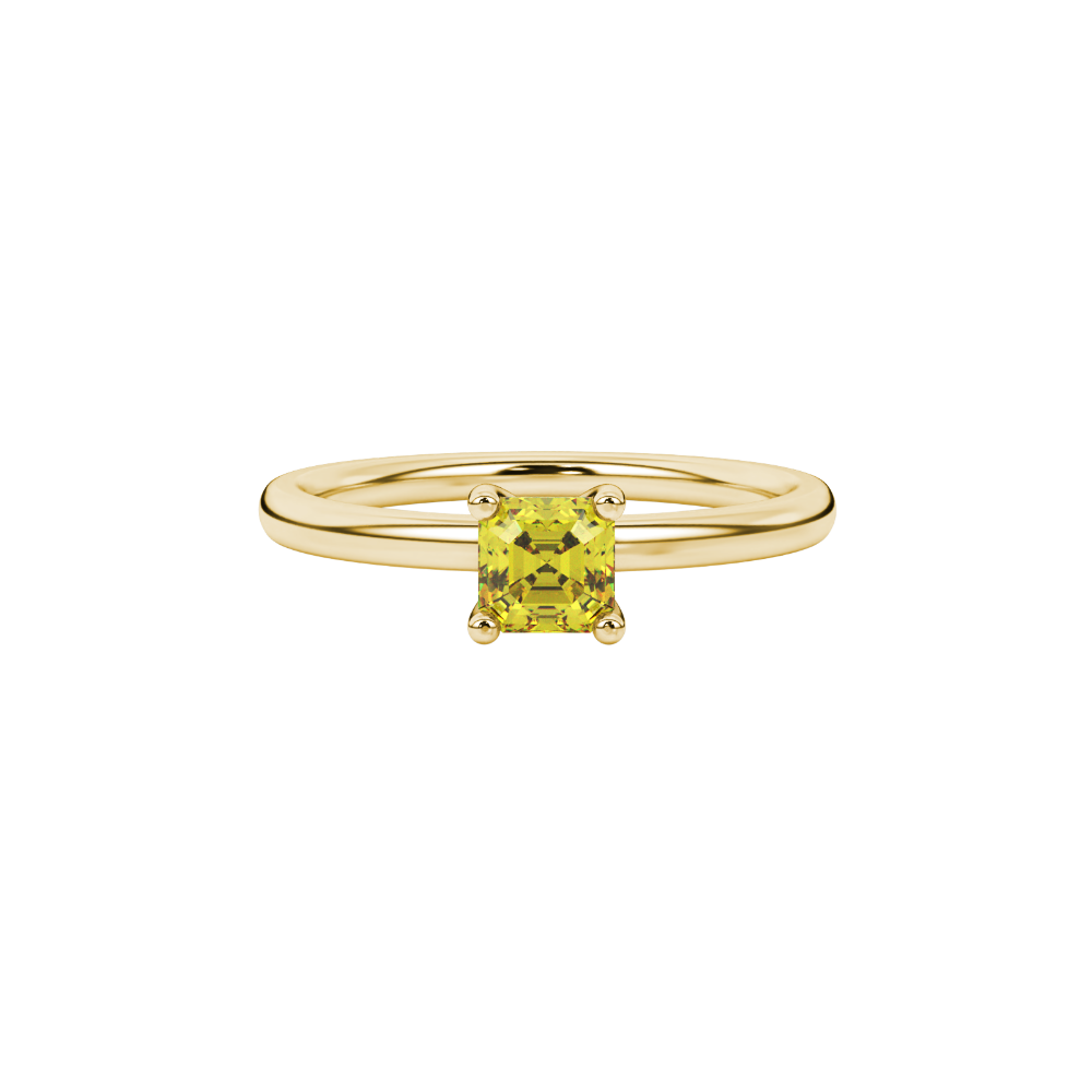 Asscher cut gemstone solitaire ring in gold with four-prong setting