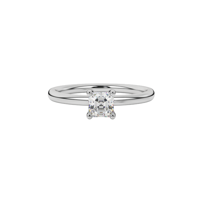 Asscher cut gemstone solitaire ring in gold with four-prong setting
