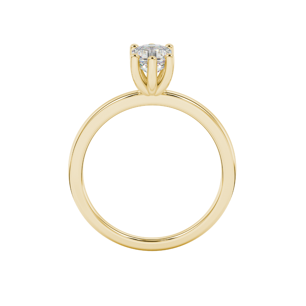 Asscher cut gemstone solitaire ring in gold with secure six-prong setting