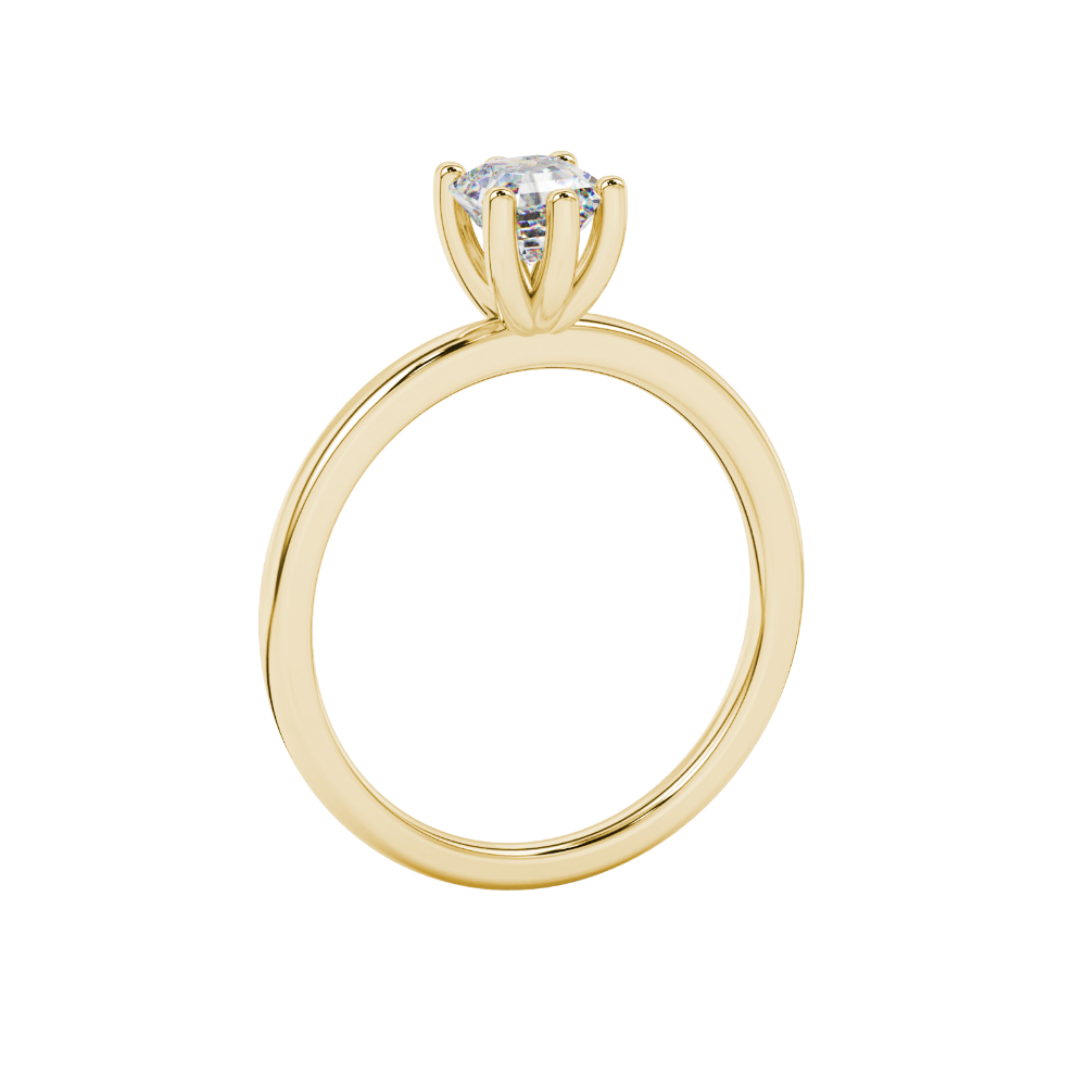 Asscher cut gemstone solitaire ring in gold with secure six-prong setting