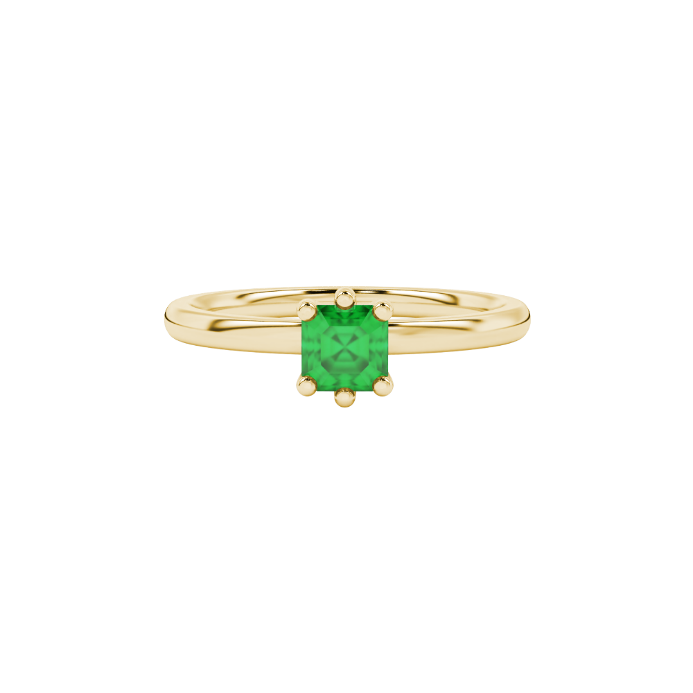 Asscher cut gemstone solitaire ring in gold with secure six-prong setting