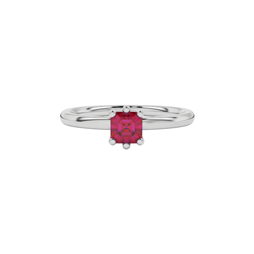 Asscher cut gemstone solitaire ring in gold with secure six-prong setting
