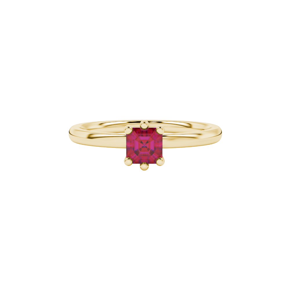 Asscher cut gemstone solitaire ring in gold with secure six-prong setting