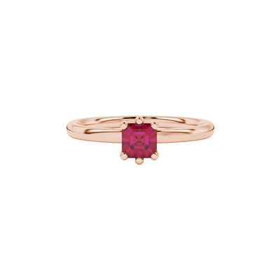 Asscher cut gemstone solitaire ring in gold with secure six-prong setting