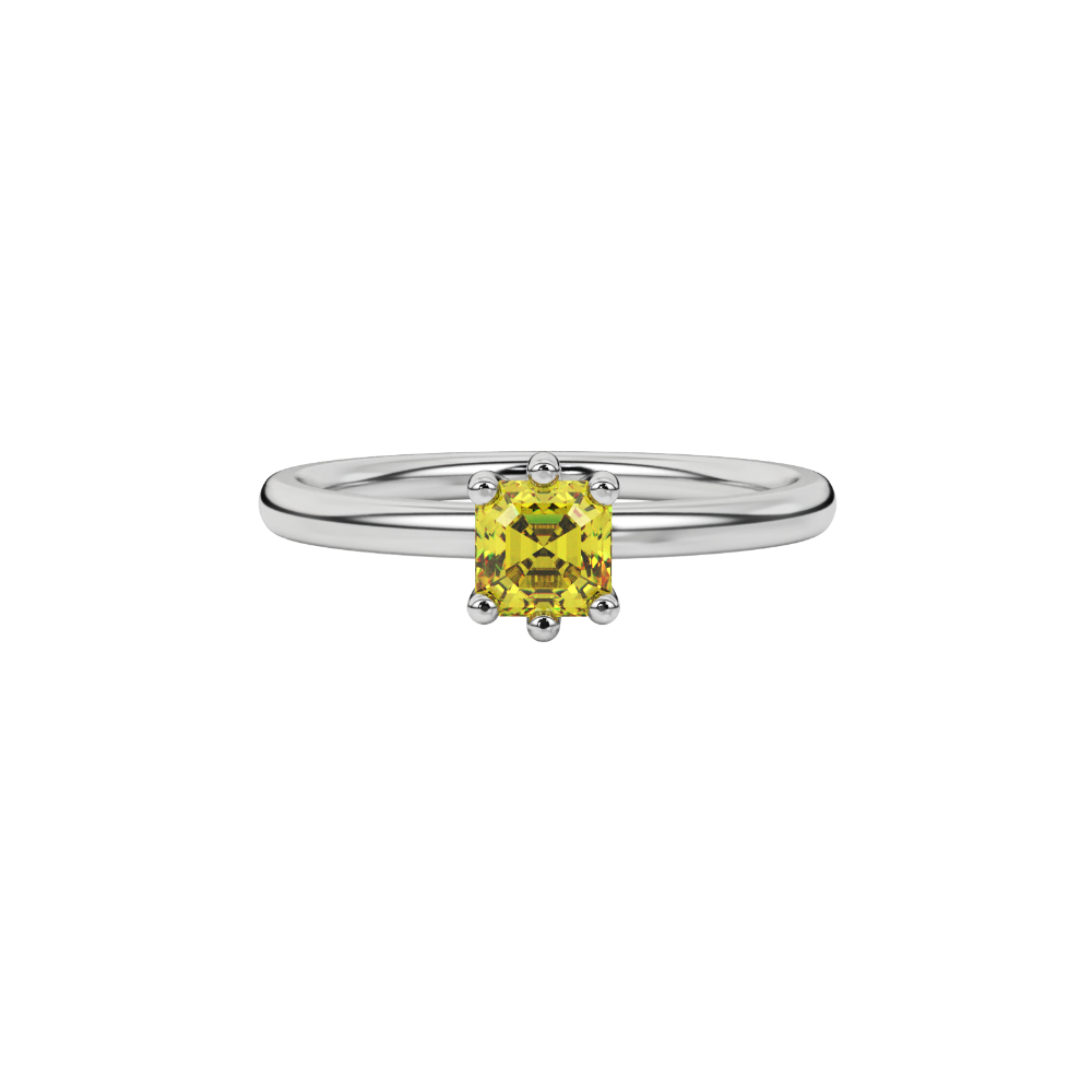 Asscher cut gemstone solitaire ring in gold with secure six-prong setting