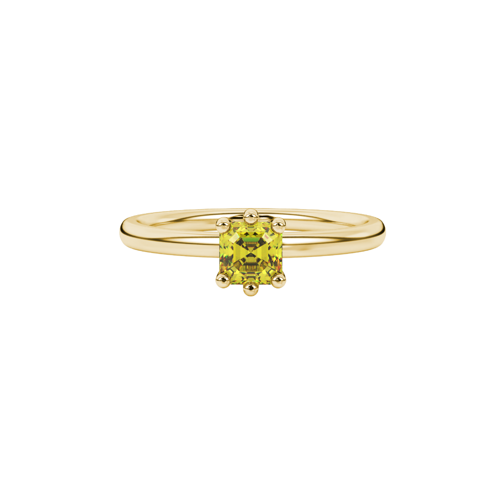 Asscher cut gemstone solitaire ring in gold with secure six-prong setting