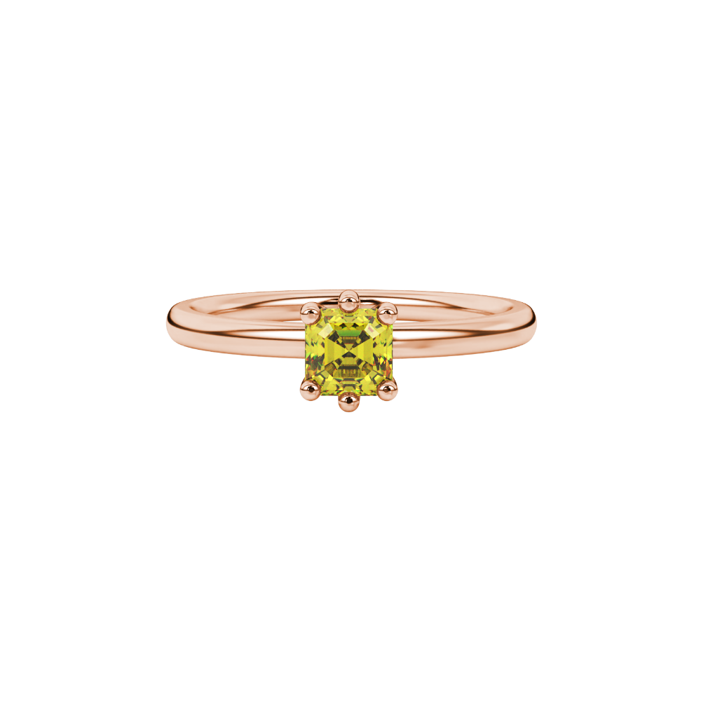 Asscher cut gemstone solitaire ring in gold with secure six-prong setting