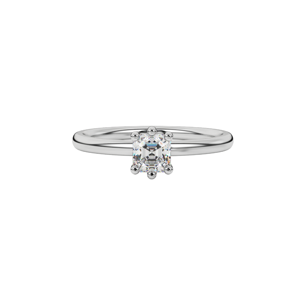 Asscher cut gemstone solitaire ring in gold with secure six-prong setting
