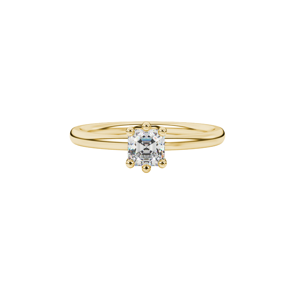 Asscher cut gemstone solitaire ring in gold with secure six-prong setting