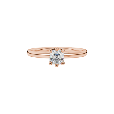 Asscher cut gemstone solitaire ring in gold with secure six-prong setting