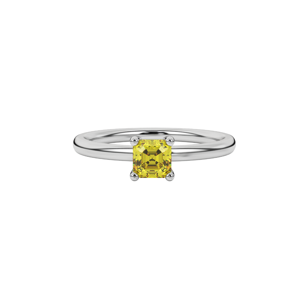 Asscher cut gemstone solitaire ring in gold with four-prong setting