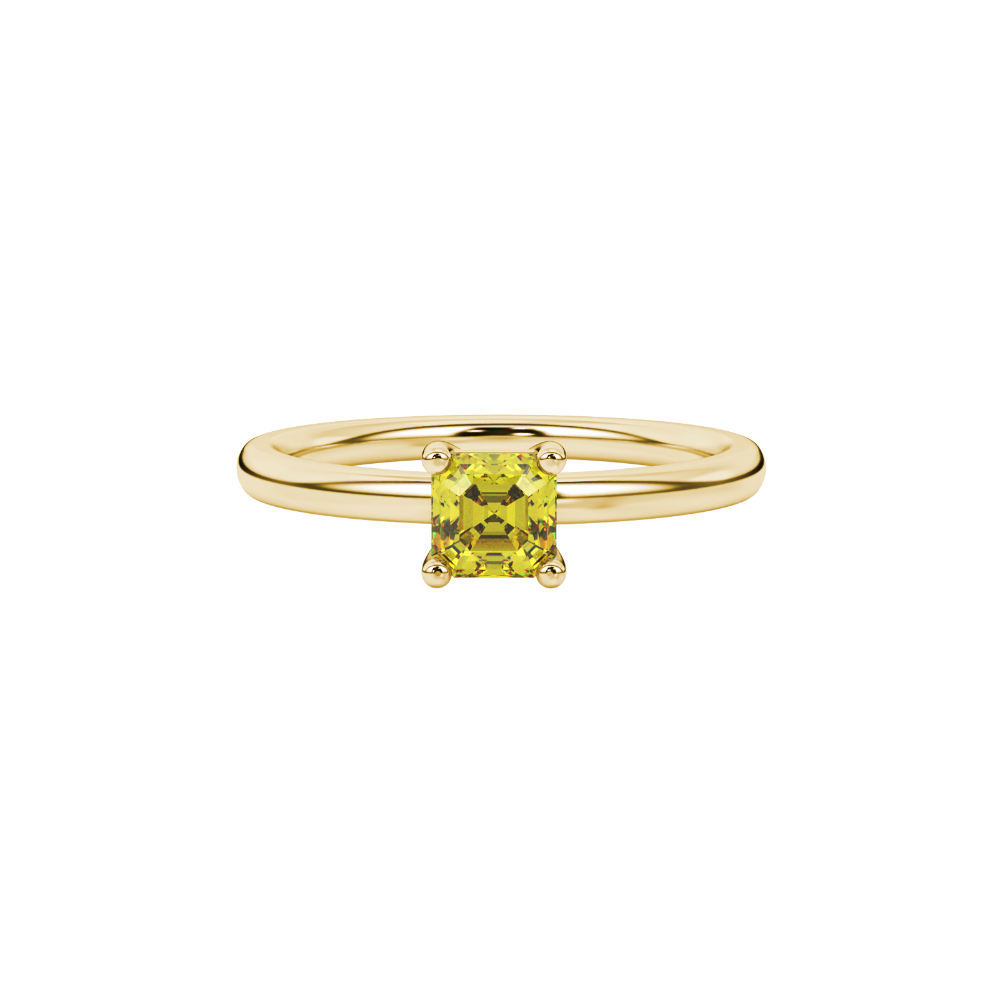 Asscher cut gemstone solitaire ring in gold with four-prong setting