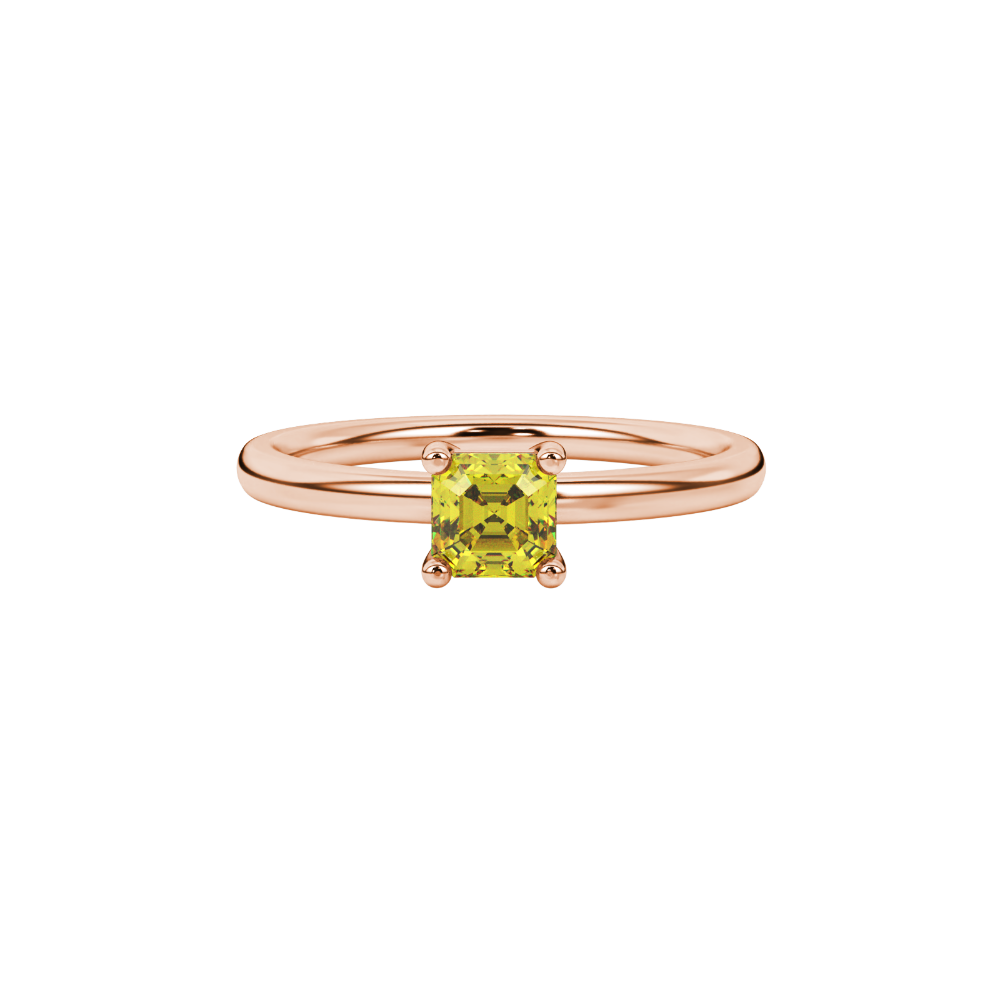 Asscher cut gemstone solitaire ring in gold with four-prong setting