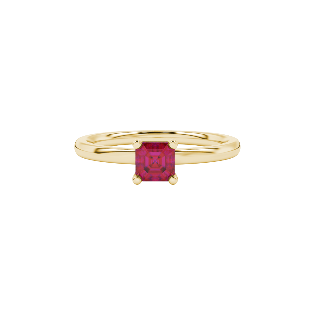 Asscher cut gemstone solitaire ring in gold with four-prong setting