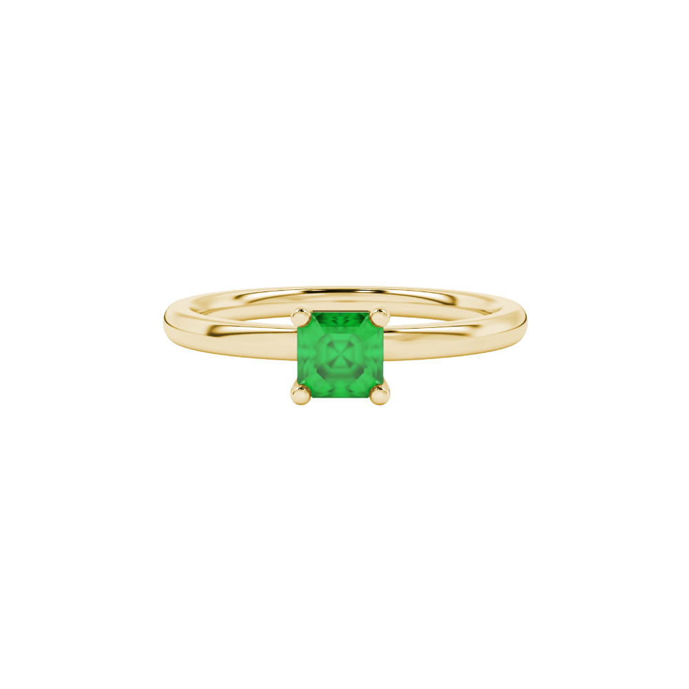 Asscher cut gemstone solitaire ring in gold with four-prong setting