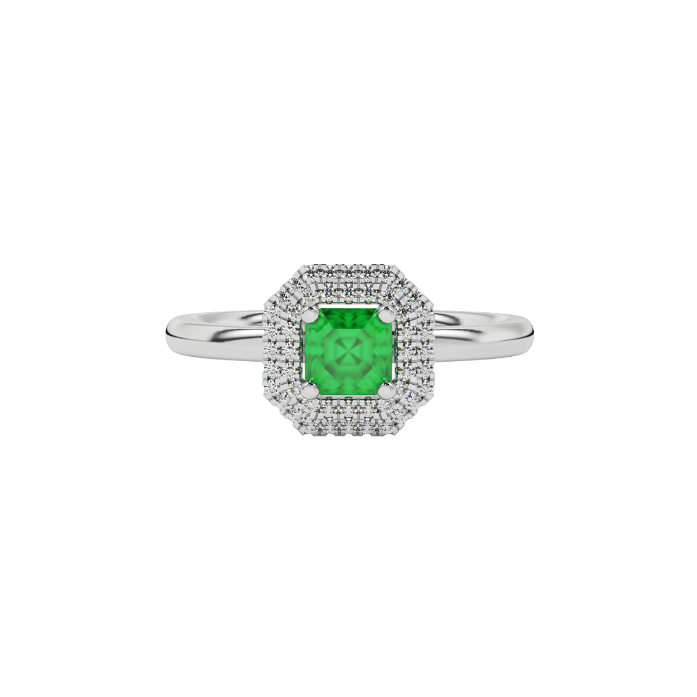 Asscher cut halo gemstone ring in gold featuring a 5.00 MM center gemstone surrounded by a double halo of round diamonds