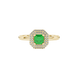Asscher cut halo gemstone ring in gold featuring a 5.00 MM center gemstone surrounded by a double halo of round diamonds