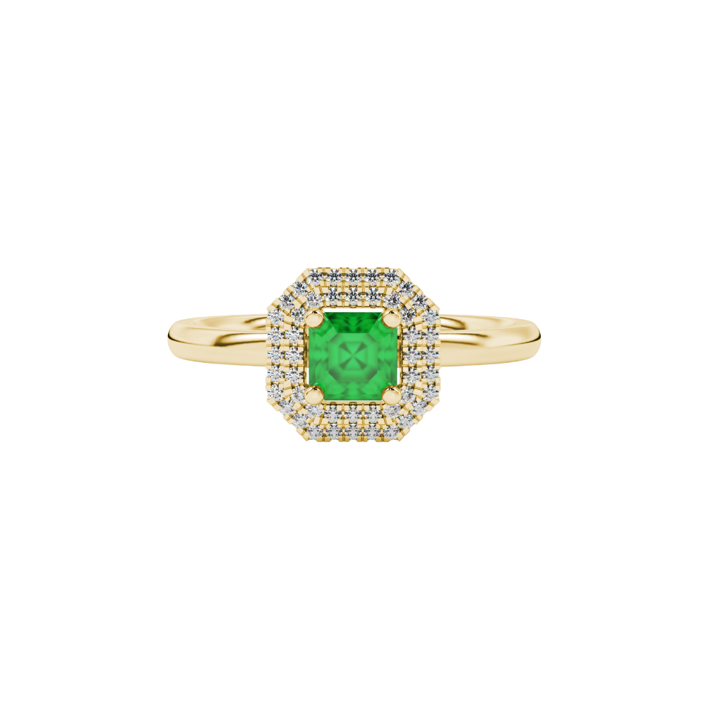 Asscher cut halo gemstone ring in gold featuring a 5.00 MM center gemstone surrounded by a double halo of round diamonds