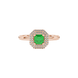 Asscher cut halo gemstone ring in gold featuring a 5.00 MM center gemstone surrounded by a double halo of round diamonds