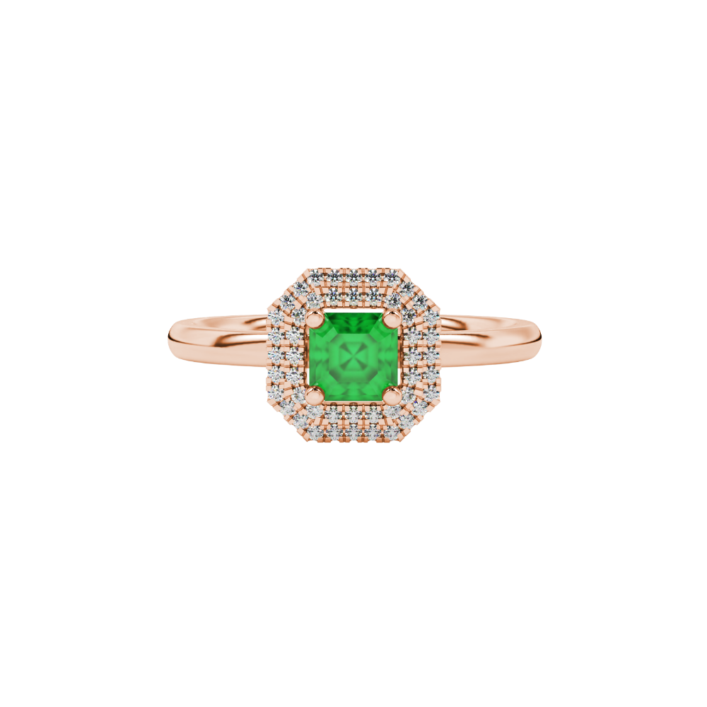 Asscher cut halo gemstone ring in gold featuring a 5.00 MM center gemstone surrounded by a double halo of round diamonds