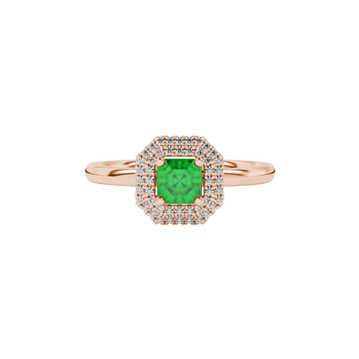Asscher cut halo gemstone ring in gold featuring a 5.00 MM center gemstone surrounded by a double halo of round diamonds