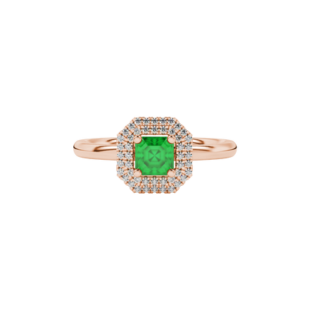 Asscher cut halo gemstone ring in gold featuring a 5.00 MM center gemstone surrounded by a double halo of round diamonds