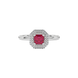 Asscher cut halo gemstone ring in gold featuring a 5.00 MM center gemstone surrounded by a double halo of round diamonds