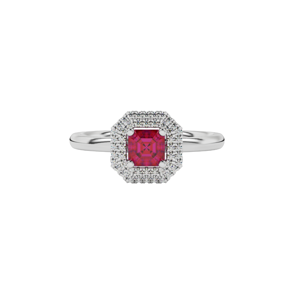 Asscher cut halo gemstone ring in gold featuring a 5.00 MM center gemstone surrounded by a double halo of round diamonds