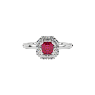 raspberry red asscher double halo gemstone ring in white gold