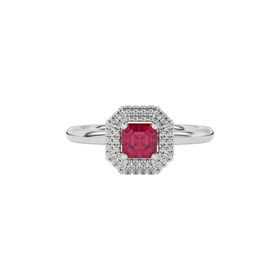raspberry red asscher double halo gemstone ring in white gold