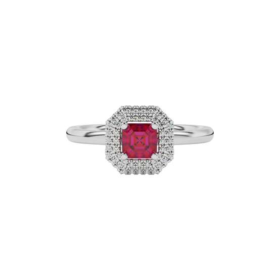 raspberry red asscher double halo gemstone ring in white gold
