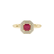 Asscher cut halo gemstone ring in gold featuring a 5.00 MM center gemstone surrounded by a double halo of round diamonds