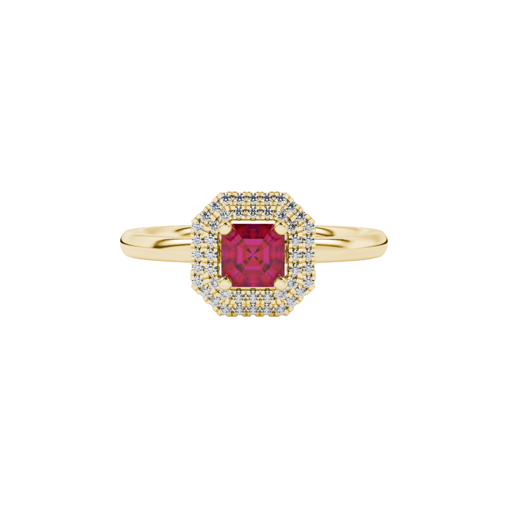 Asscher cut halo gemstone ring in gold featuring a 5.00 MM center gemstone surrounded by a double halo of round diamonds