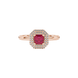 Asscher cut halo gemstone ring in gold featuring a 5.00 MM center gemstone surrounded by a double halo of round diamonds