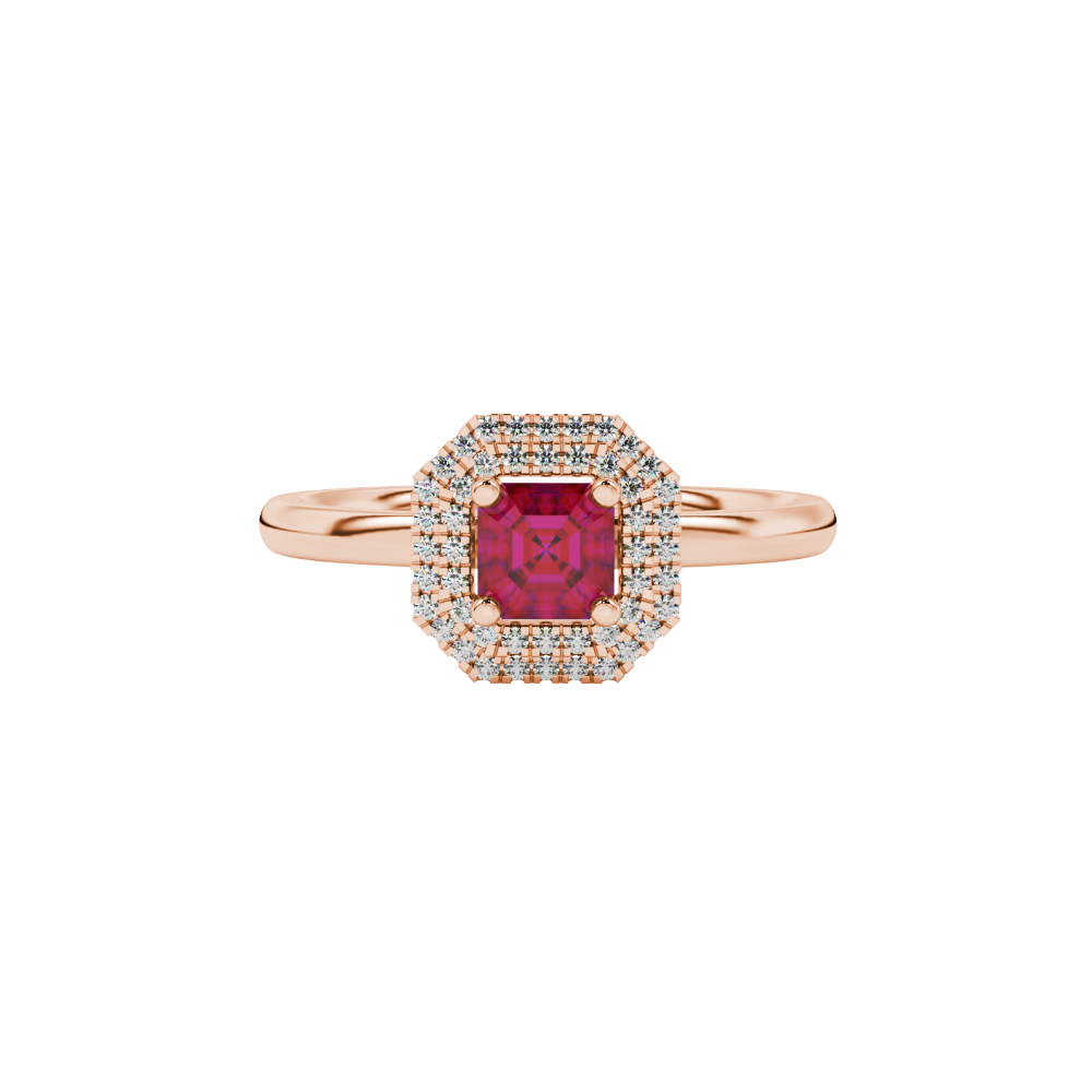 Asscher cut halo gemstone ring in gold featuring a 5.00 MM center gemstone surrounded by a double halo of round diamonds