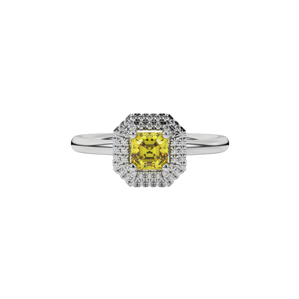 Asscher cut halo gemstone ring in gold featuring a 5.00 MM center gemstone surrounded by a double halo of round diamonds