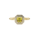 Asscher cut halo gemstone ring in gold featuring a 5.00 MM center gemstone surrounded by a double halo of round diamonds
