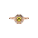 Asscher cut halo gemstone ring in gold featuring a 5.00 MM center gemstone surrounded by a double halo of round diamonds