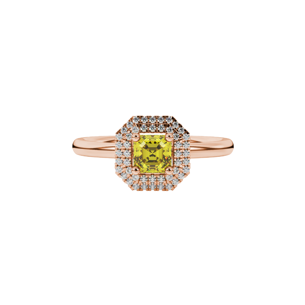 Asscher cut halo gemstone ring in gold featuring a 5.00 MM center gemstone surrounded by a double halo of round diamonds