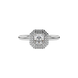 Asscher cut halo gemstone ring in gold featuring a 5.00 MM center gemstone surrounded by a double halo of round diamonds