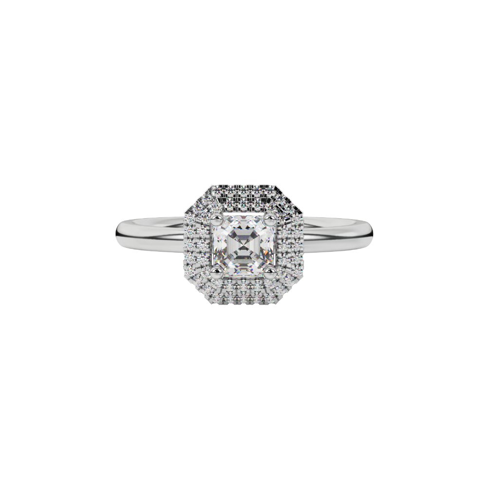 Asscher cut halo gemstone ring in gold featuring a 5.00 MM center gemstone surrounded by a double halo of round diamonds