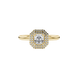 Asscher cut halo gemstone ring in gold featuring a 5.00 MM center gemstone surrounded by a double halo of round diamonds