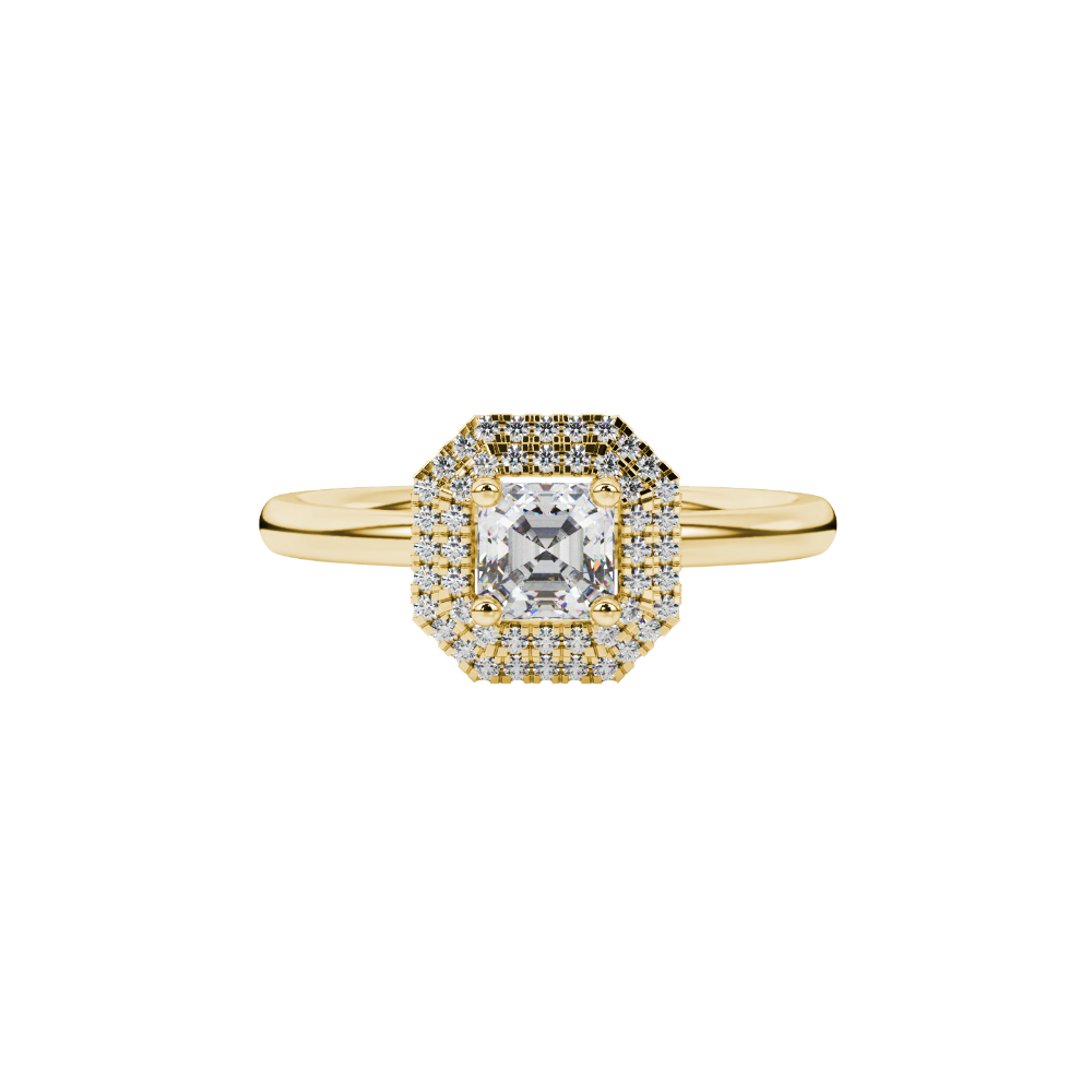 Asscher cut halo gemstone ring in gold featuring a 5.00 MM center gemstone surrounded by a double halo of round diamonds