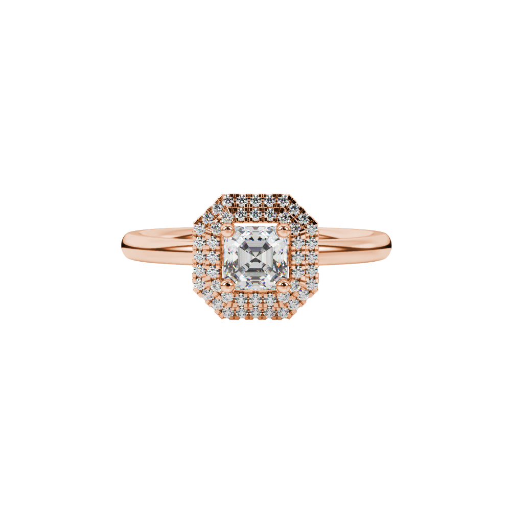 Asscher cut halo gemstone ring in gold featuring a 5.00 MM center gemstone surrounded by a double halo of round diamonds