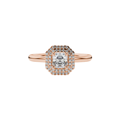 Asscher cut halo gemstone ring in gold featuring a 5.00 MM center gemstone surrounded by a double halo of round diamonds