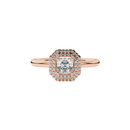 Asscher cut halo gemstone ring in gold featuring a 5.00 MM center gemstone surrounded by a double halo of round diamonds