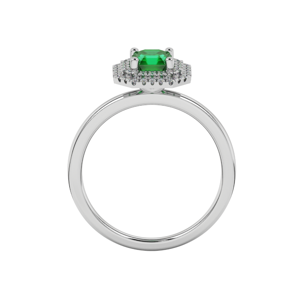 Asscher cut halo gemstone ring in gold featuring a 5.00 MM center gemstone surrounded by a double halo of round diamonds